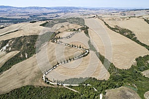 Flying over the countryside of the beautiful val d`Orcia siena Tuscany