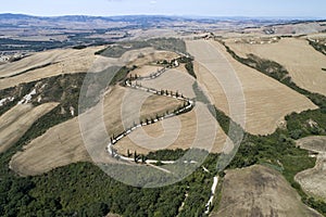 Flying over the countryside of the beautiful val d`Orcia siena Tuscany