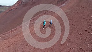 Flying over Eldfell volcano on Heimaey island (Westman Islands) in Iceland