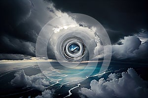 flying over the eye of a tropical cyclone, with clouds and storm in the background