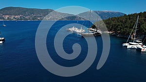 Flying over Foki beach, Kefalonia, during summer, Greek Ionian Islands