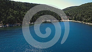 Flying over Foki beach, Kefalonia, during summer, Greek Ionian Islands