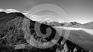 Flying over a forest on a pyrenean mountain, next to a sea of clouds. The snowy Montcalm mount appears in the background. Black an