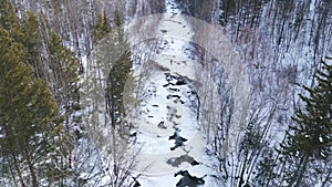 Flying over a frozen winter river. A tourist walks along a snow bridge in the distance among a dense forest.