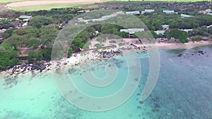 Flying over the Indian Ocean in Mauritius with luxury yacht and boats. Looking straight down to water. Albion area.
