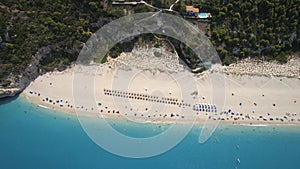 Flying over Milos beach, Lefkada, during the summer, Greek Ionian Islands