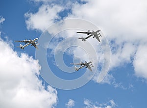 Flying over Moscow turboprop strategic bombers-missile carriers Tu-95MS `Bear`.