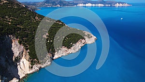 Flying over Myrtos beach, Kefalonia, during the summer, Greek Ionian Islands