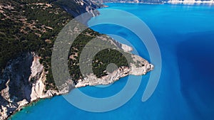 Flying over Myrtos beach, Kefalonia, during the summer, Greek Ionian Islands