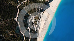 Flying over Myrtos beach, Kefalonia, during the summer, Greek Ionian Islands