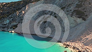 Flying over Myrtos beach, Kefalonia, during the summer, Greek Ionian Islands