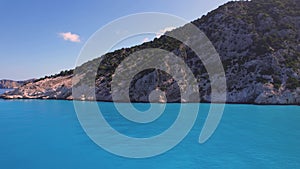 Flying over Myrtos beach, Kefalonia, during the summer, Greek Ionian Islands