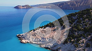 Flying over Myrtos beach, Kefalonia, during the summer, Greek Ionian Islands