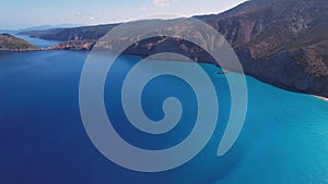 Flying over Myrtos beach, Kefalonia, during the summer, Greek Ionian Islands