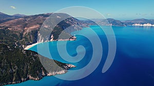 Flying over Myrtos beach, Kefalonia, during the summer, Greek Ionian Islands