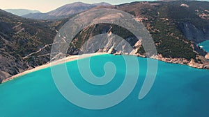 Flying over Myrtos beach, Kefalonia, during the summer, Greek Ionian Islands