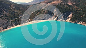 Flying over Myrtos beach, Kefalonia, during the summer, Greek Ionian Islands