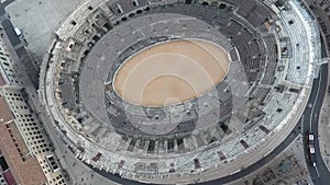 Flying over the old Roman amphitheatre in the city of Nimes