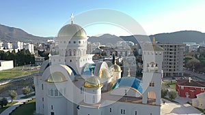 Flying over orthodox Cathedral in Montenegro