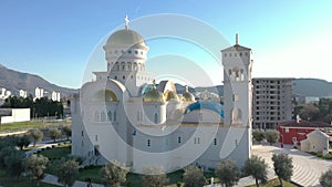 Flying over orthodox cathedral in Montenegro