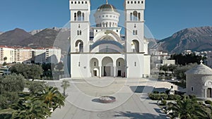 Flying over orthodox cathedral in Montenegro