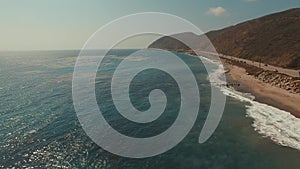 Flying over the Pacific Ocean in Malibu, California