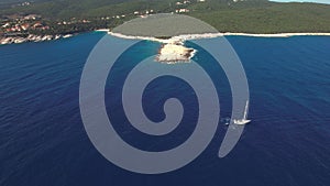 Flying over Paralia Emplisi beach, Kefalonia, during summer, Greek Ionian Islands