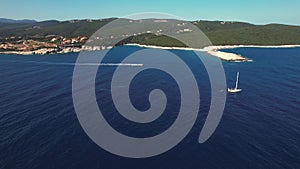 Flying over Paralia Emplisi beach, Kefalonia, during summer, Greek Ionian Islands