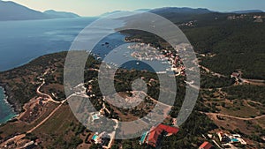 Flying over Paralia Emplisi beach, Kefalonia, during summer, Greek Ionian Islands