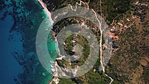 Flying over Paralia Petani Beach, Kefalonia, during summer, Greek Ionian Islands