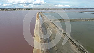 Flying over the pink salt lake. Aigues Mortes