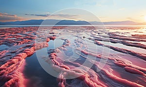 Flying over a pink salt lake. Salt production facilities saline evaporation pond fields in the salty lake. Dunaliella