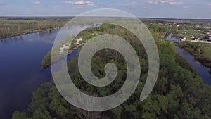 Flying over the river Desna near Kiev, Ukraine. Aerial view