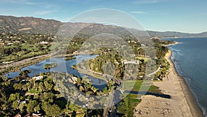 Flying over Santa Barbara. Aerial Drone view of buildings in city Santa Barbara, California.