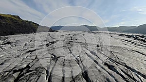 Flying over Solheimajokull glacier (part of Myrdalsjokull ice cap) in Iceland