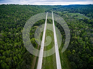 Flying over the speedway in Alabama state, USA. Forest in Background