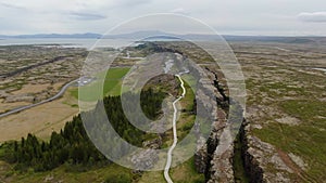 Flying over tectonic plates in Thingvellir National Park, Golden Circle, Iceland