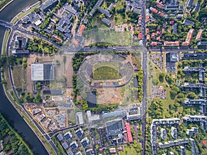 Flying over the Vilnius and Zalgiris Stadium and River Neris in Background.