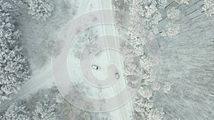 Flying over the winter forest and empty snow-covered road. It is snowing, frozen spruces and pines under snow. Two cars