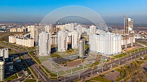 Flying overlooking the city`s new buildings. Minsk city, Belarus