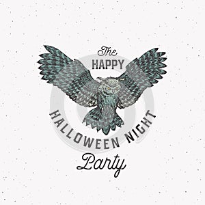 Flying Owl Night Party Vintage Style Halloween Logo or Label Template. Colored Hand Drawn Bird Sketch Symbol with Retro