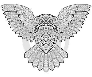 Flying owl in zentangle style. Adult antistress coloring page. Black and white hand drawn doodle for coloring book