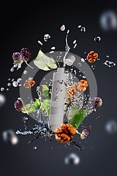 Flying packaging cosmetic product with splashes and ingredients elements of nuts, grains, flowers and greenery leaves on a gray ba