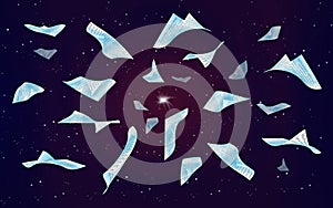 Flying pages in the night sky