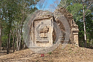 Flying palace relief on the wall of Sambor Prei Kuk or Prasat Yeah Puon S10 in Kampong Th