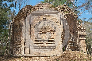 Flying palace relief on the wall of Sambor Prei Kuk or Prasat Yeah Puon S10 in Kampong Th