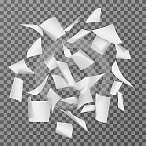 Flying paper document sheets. Falling 3d white blank page papers vector illustration isolated