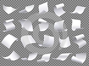 Flying paper pages. Falling papers documents sheets, document with curved corner and fly page sheet isolated vector