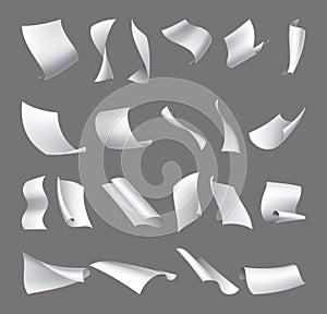 Flying paper pages, icon set. Falling papers documents sheets. Curved corner and fly page sheet. Scattered office sheets