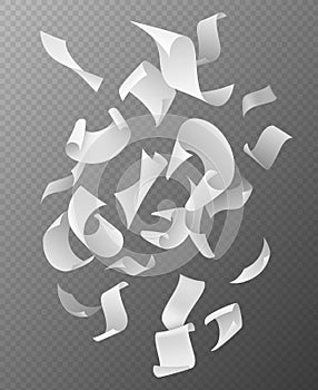 Flying papers group. Chaotic falling and flying empty white paper sheets, scattered notes with curved pages corners